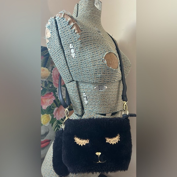 Betsey Johnson Handbags - BETSEY JOHNSON FAUX FUR CROSSBODY,GOLD GLITTER EYELASHES,GOLD HARDWARE,WRISTLET